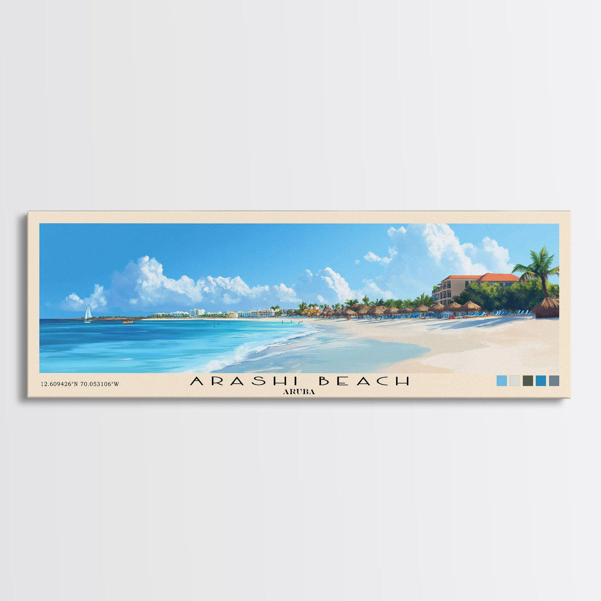 Arashi Beach, Aruba Panoramic Print, Vacation Gift, Aruba Wall Art, Beach Painting, Beach Decor, Large Wall Art, Wood Frame Art