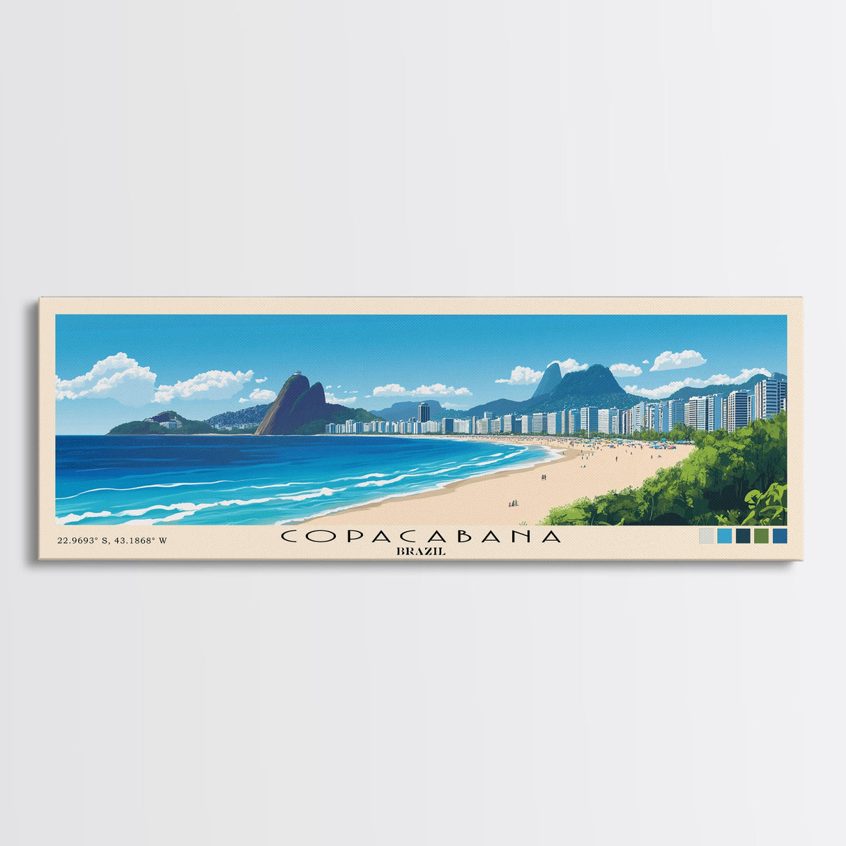 Copacabana, Brazil Panoramic Beach Print, Vacation Gift, Brazil Wall Art, Framed Canvas Print, Framed Beach Painting