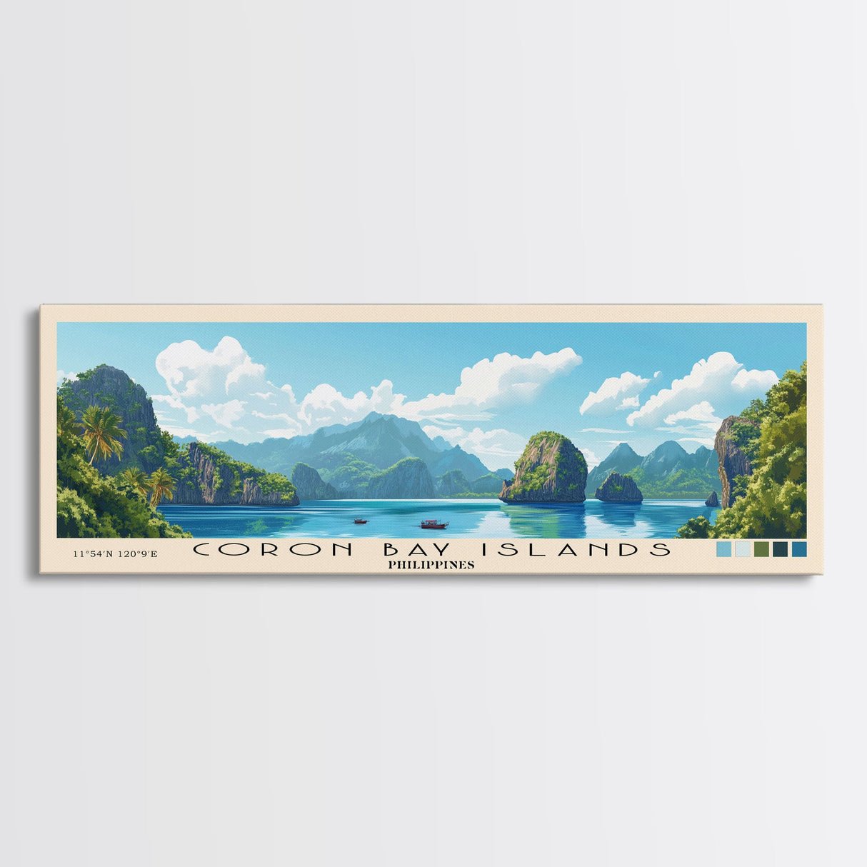 Coron Bay Islands, Philippines Panoramic Beach Print, Vacation Gift, Philippines Wall Art, Framed Canvas Print, Framed Beach Painting