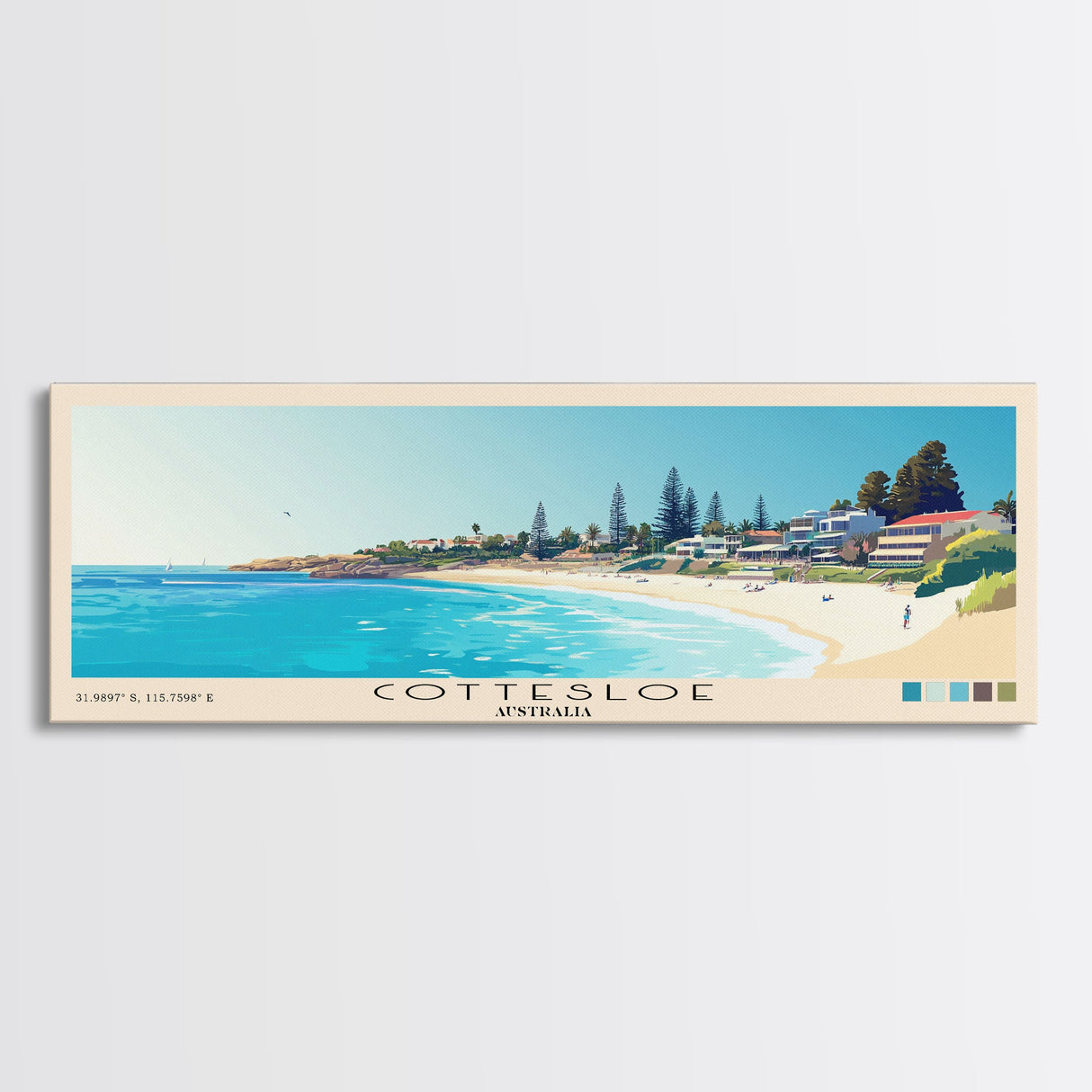 Cottesloe, Australia Panoramic Print, Vacation Gift, Australia Wall Art, Beach Painting, Beach Decor, Large Wall Art, Wood Frame Art