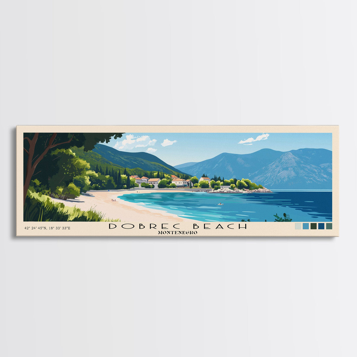 Dobrec Beach, Montenegro Panoramic Print, Vacation Gift, Montenegro Wall Art, Beach Painting, Beach Decor, Beach Or Lakehouse Art