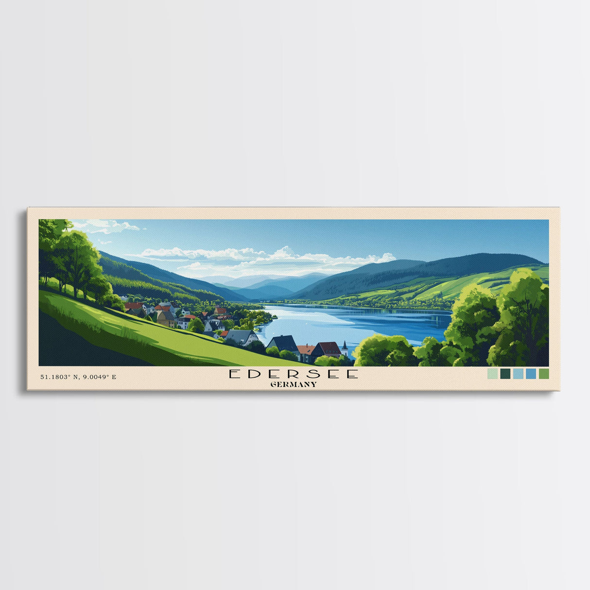 Edersee, Germany Panoramic Print, Vacation Gift, Germany Wall Art, Beach Painting, Beach Decor, Large Wall Art, Wood Frame Art