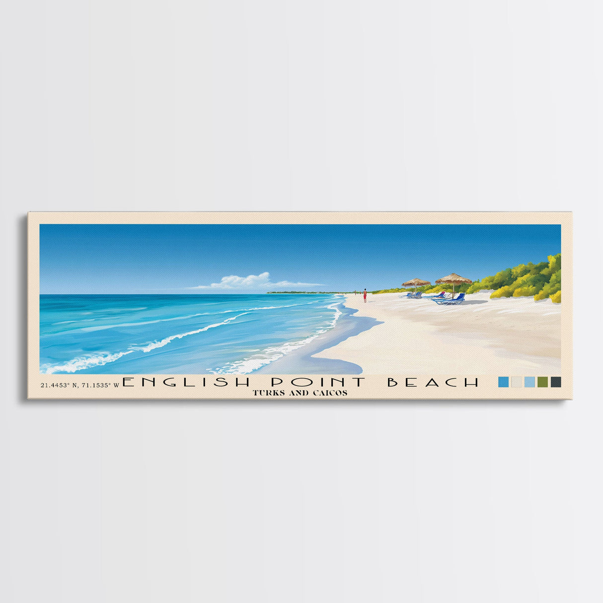 English Point Beach, Turks and Caicos Panoramic Beach Print, Vacation Gift, Turks and Caicos Wall Art, Framed Canvas Print, Framed Beach Painting