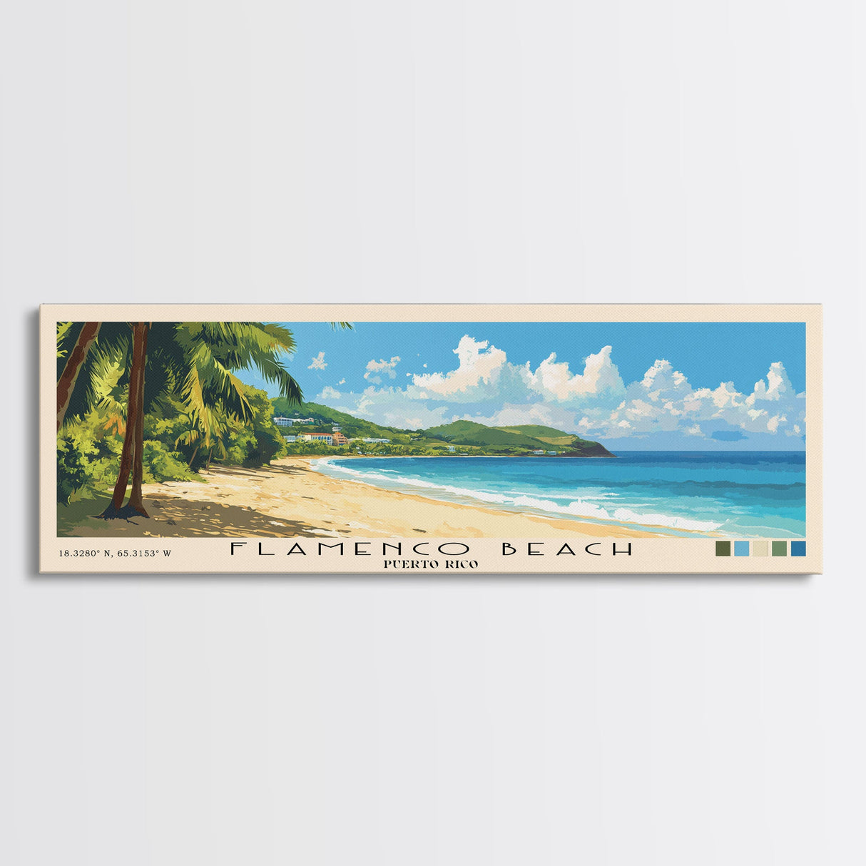 Flamenco Beach, Puerto Rico Panoramic Print, Vacation Gift, Puerto Rico Wall Art, Beach Painting, Beach Decor, Large Wall Art, Wood Frame Art