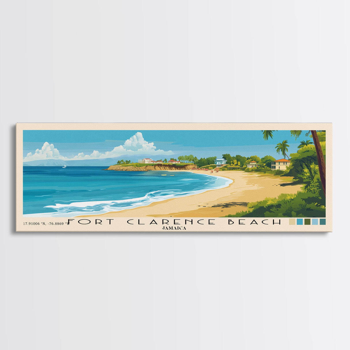 Fort Clarence Beach, Jamaica Panoramic Print, Vacation Gift, Jamaica Wall Art, Beach Painting, Beach Decor, Large Wall Art, Wood Frame Art