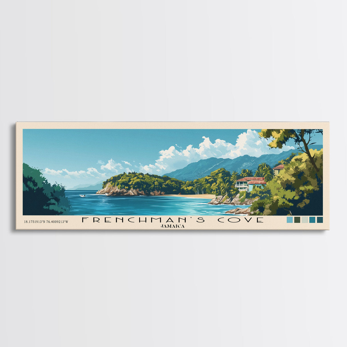 Frenchman’s Cove, Jamaica Panoramic Beach Print, Vacation Gift, Jamaica Wall Art, Beach Painting, Beach Decor, Beach Painting