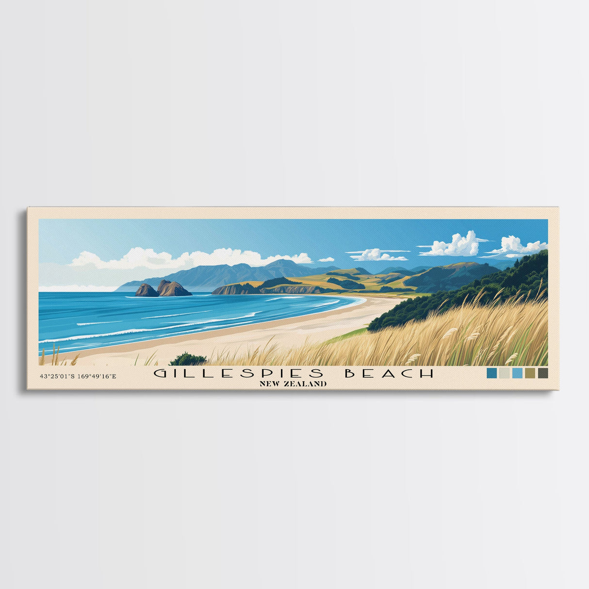 Gillespies Beach, New Zealand Panoramic Beach Print, Vacation Gift, New Zealand Wall Art, Framed Canvas Print, Framed Beach Painting