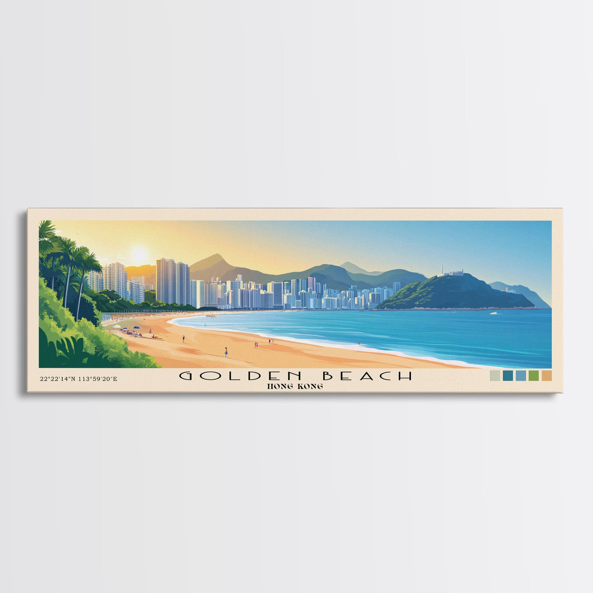 Golden Beach, Hong Kong Panoramic Beach Print, Vacation Gift, Hong Kong Wall Art, Beach Painting, Beach Decor, Beach Painting