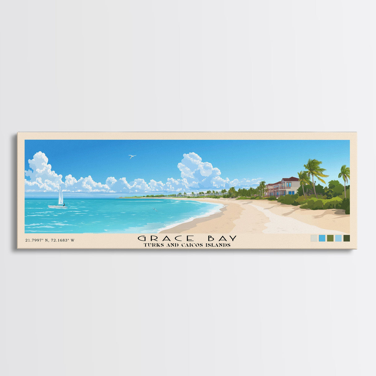 Grace Bay, Turks and Caicos Islands Panoramic Beach Print, Vacation Gift, Turks and Caicos Islands Wall Art, Framed Canvas Print, Framed Beach Painting