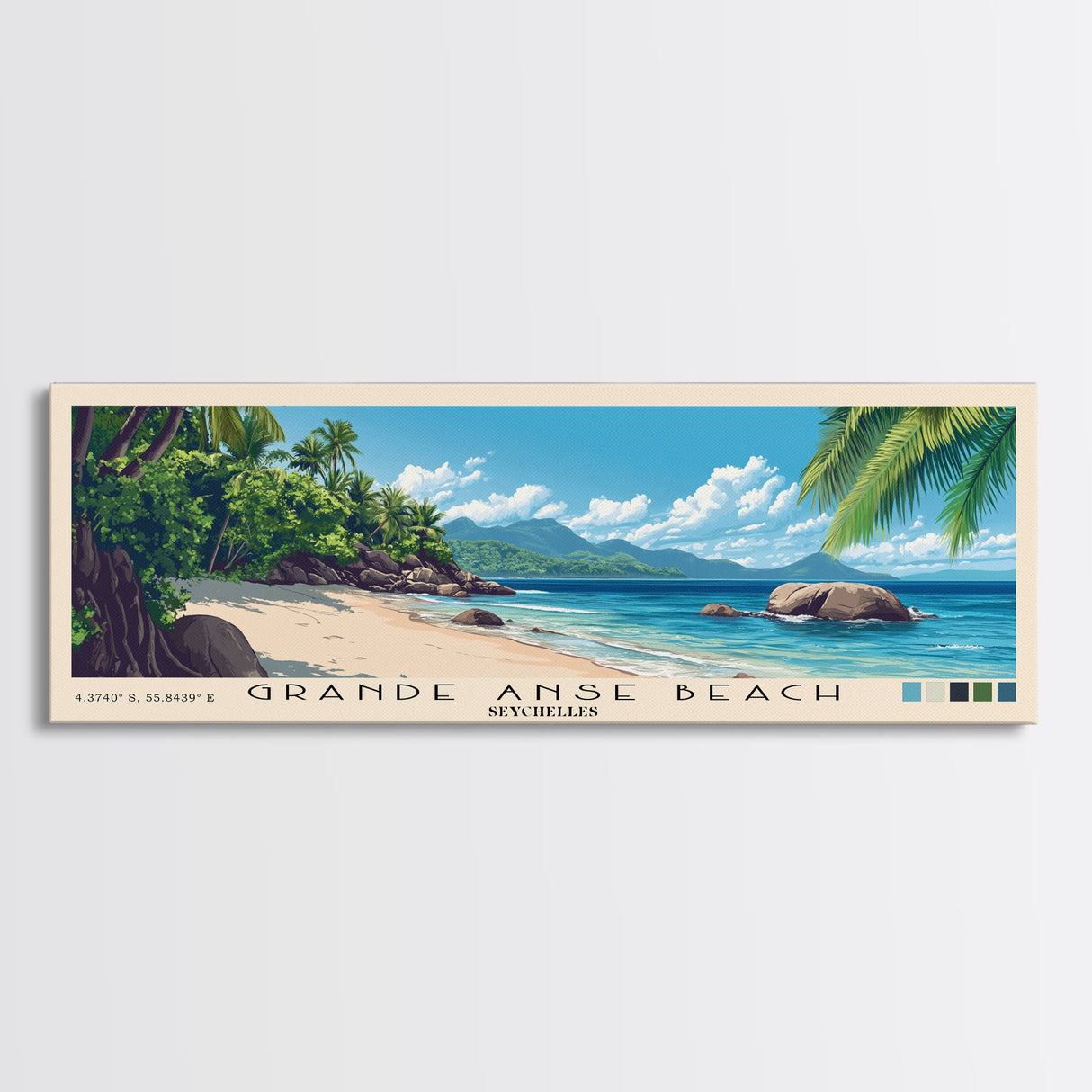 Grande Anse Beach, Seychelles Panoramic Beach Print, Vacation Gift, Seychelles Wall Art, Beach Painting, Beach Decor, Beach Painting