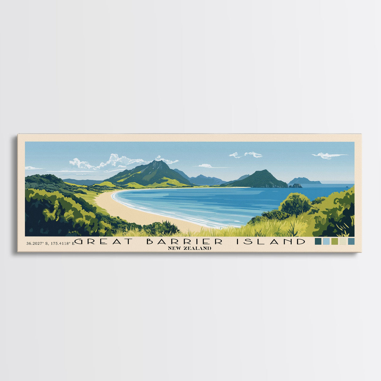 Great Barrier Island, New Zealand Panoramic Print, Vacation Gift, New Zealand Wall Art, Beach Painting, Beach Decor, Large Wall Art, Wood Frame Art