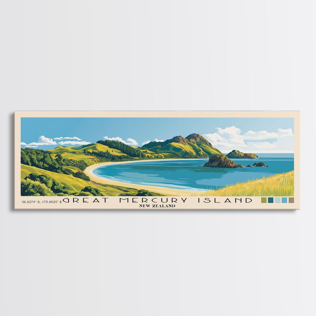 Great Mercury Island, New Zealand Panoramic Beach Print, Vacation Gift, New Zealand Wall Art, Framed Canvas Print, Framed Beach Painting