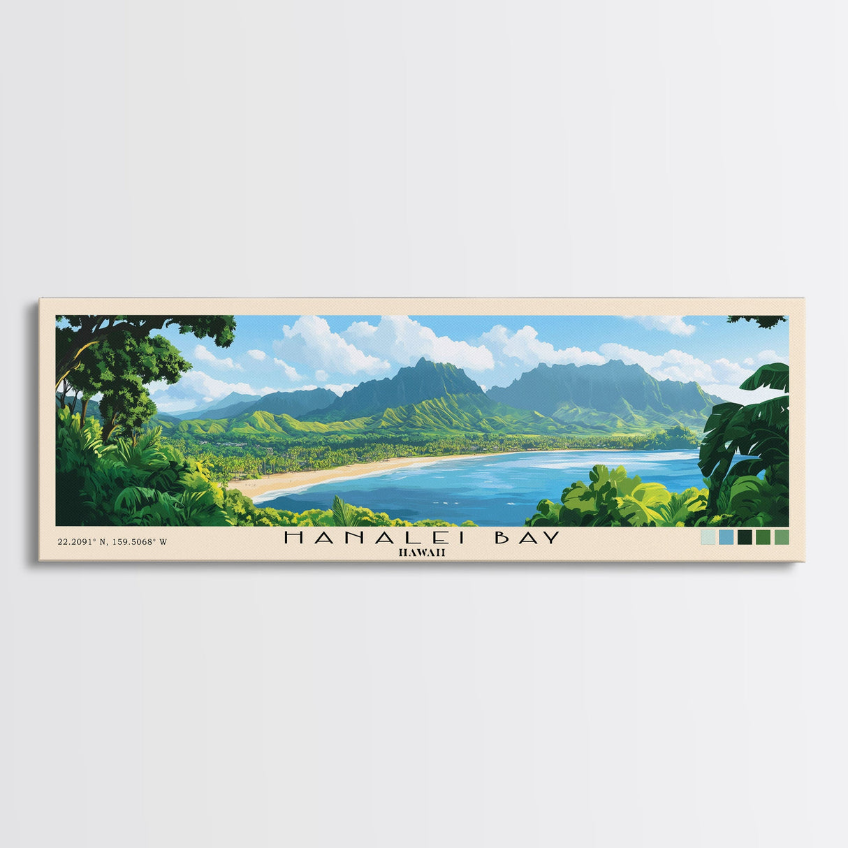 Hanalei Bay, Hawaii Panoramic Print, Vacation Gift, Hawaii Wall Art, Beach Painting, Beach Decor, Large Wall Art, Wood Frame Art