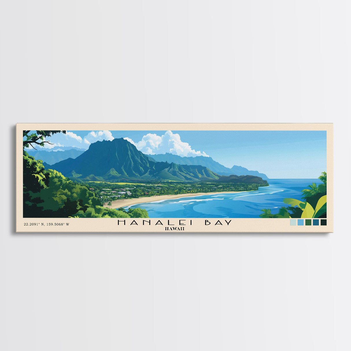 Hanalei Bay, Hawaii Panoramic Beach Print, Vacation Gift, Hawaii Wall Art, Framed Canvas Print, Framed Beach Painting