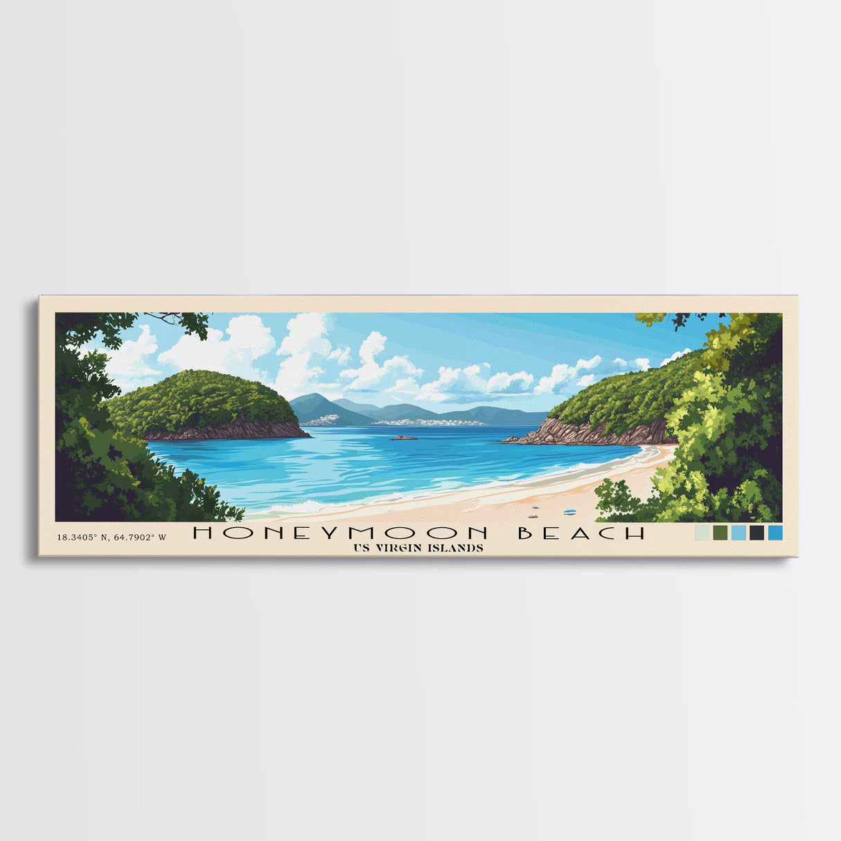 Honeymoon Beach, US Virgin islands Panoramic Print, Vacation Gift, US Virgin islands Wall Art, Beach Painting, Beach Decor, Large Wall Art, Wood Frame Art