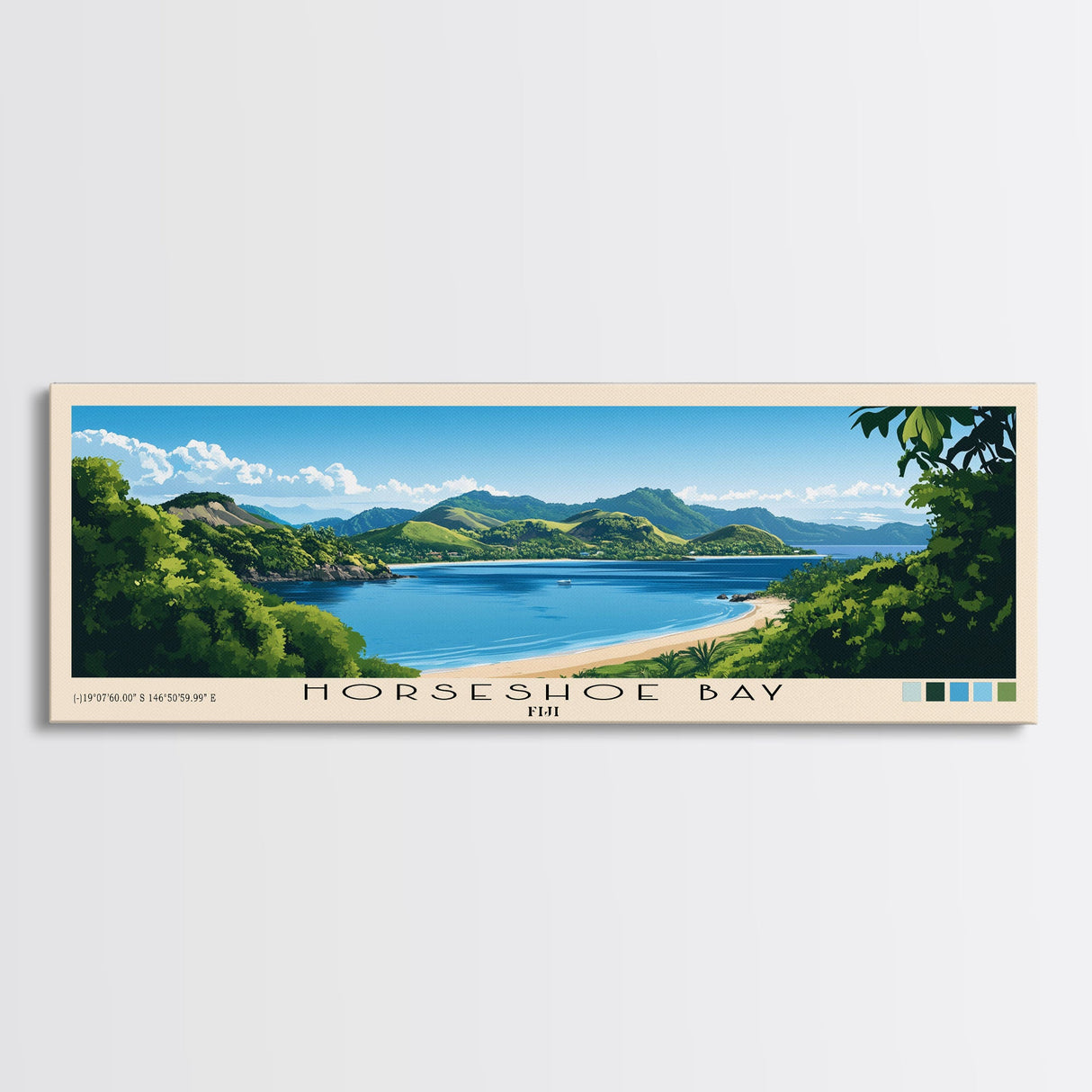 Horseshoe Bay, Fiji Panoramic Beach Print, Vacation Gift, Fiji Wall Art, Framed Canvas Print, Framed Beach Painting