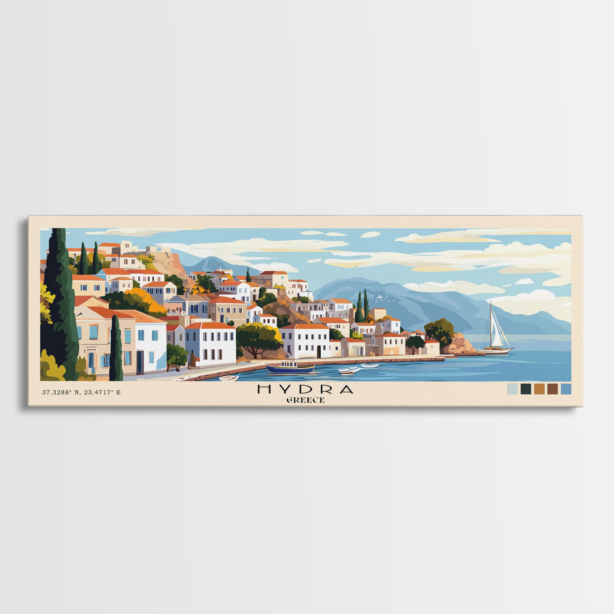 Hydra, Greece Panoramic Beach Print, Vacation Gift, Greece Wall Art, Framed Canvas Print, Framed Beach Painting