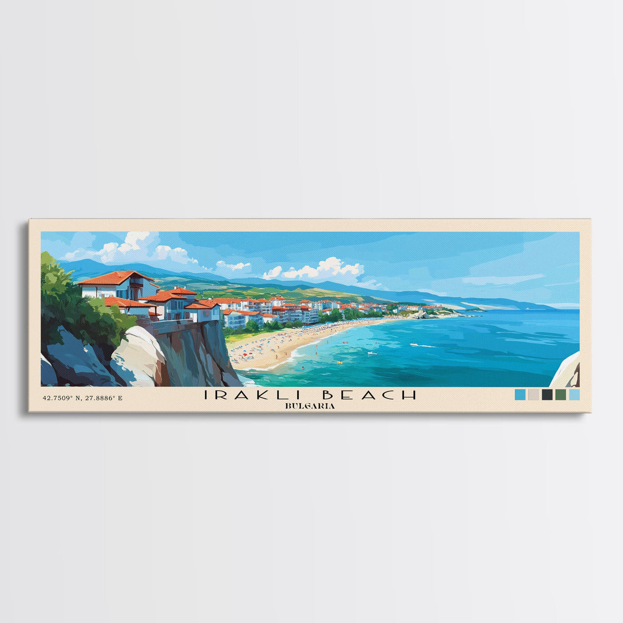 Irakli Beach, Bulgaria Panoramic Print, Vacation Gift, Bulgaria Wall Art, Beach Painting, Beach Decor, Large Wall Art, Wood Frame Art