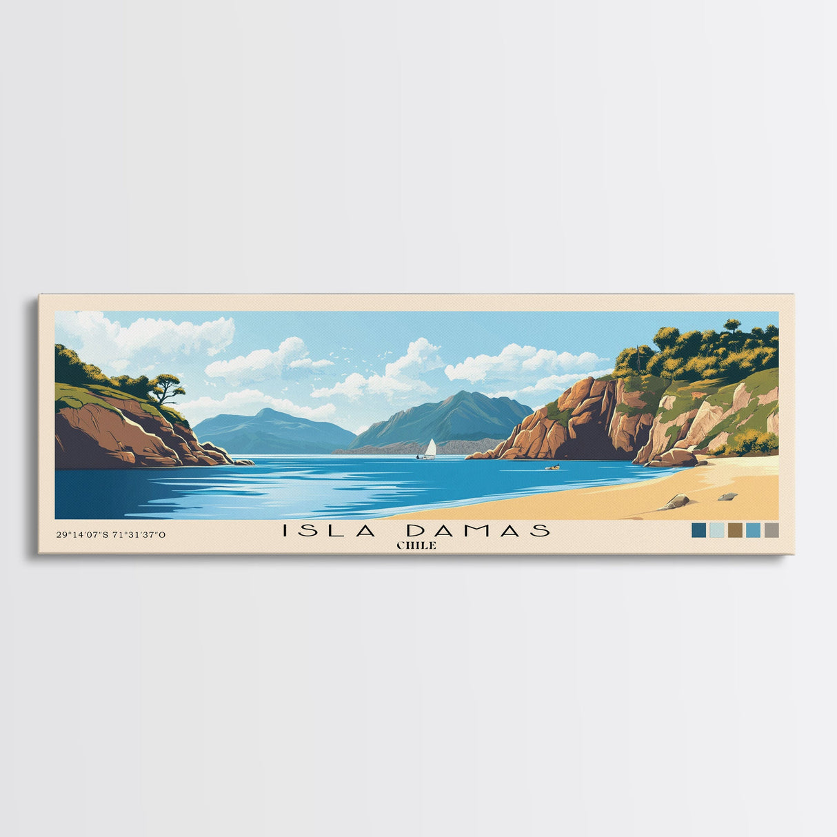 Isla Damas, Chile Panoramic Print, Vacation Gift, Chile Wall Art, Beach Painting, Beach Decor, Large Wall Art, Wood Frame Art