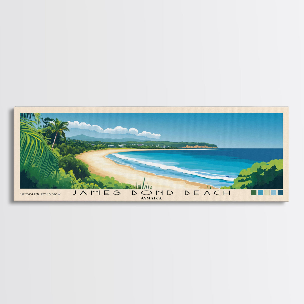 James Bond Beach, Jamaica Panoramic Beach Print, Vacation Gift, Jamaica Wall Art, Framed Canvas Print, Framed Beach Painting