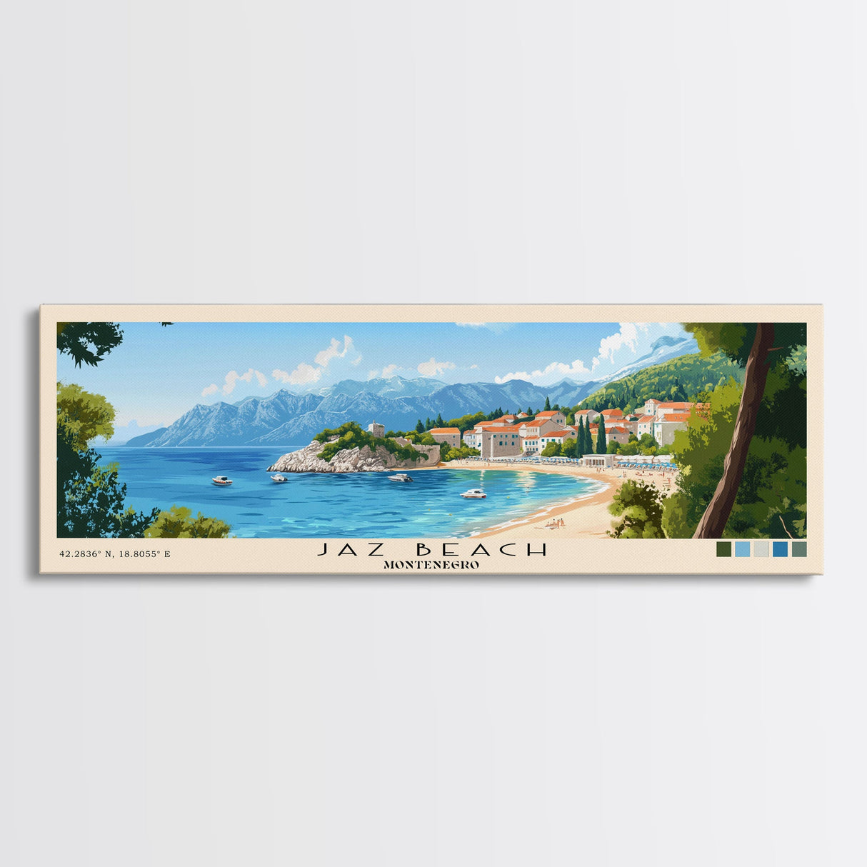 Jaz Beach, Montenegro Panoramic Print, Vacation Gift, Montenegro Wall Art, Beach Painting, Beach Decor, Beach Or Lakehouse Art