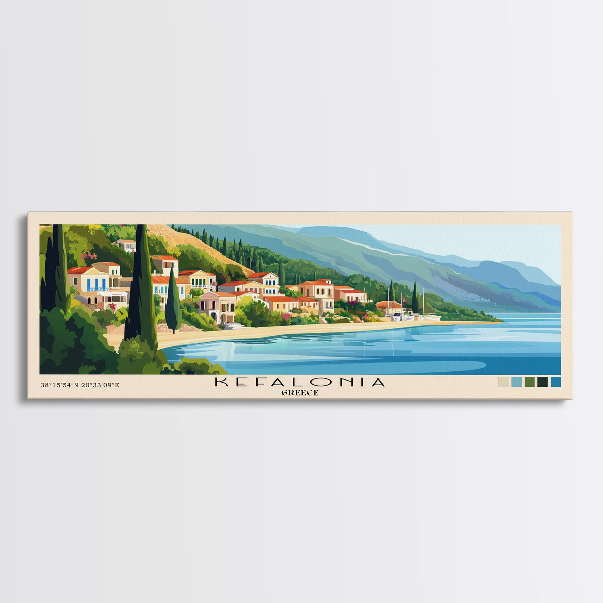 Kefalonia, Greece Panoramic Print, Vacation Gift, Greece Wall Art, Beach Painting, Beach Decor, Large Wall Art, Wood Frame Art