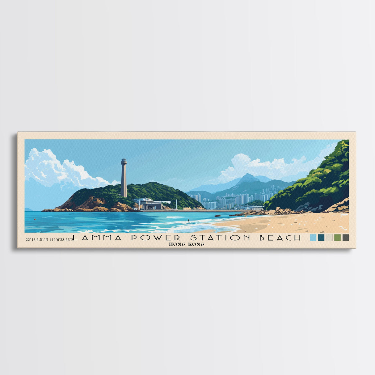 Lamma Power Station Beach, Hong Kong Panoramic Print, Vacation Gift, Hong Kong Wall Art, Beach Painting, Beach Decor, Large Wall Art, Wood Frame Art