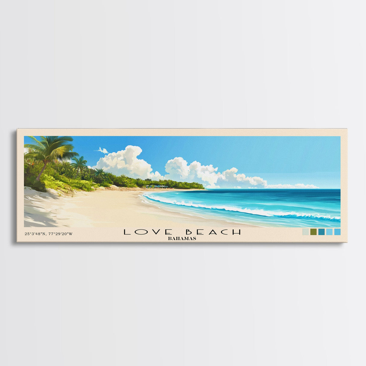 Love Beach, Bahamas Panoramic Print, Vacation Gift, Bahamas Wall Art, Beach Painting, Beach Decor, Large Wall Art, Wood Frame Art