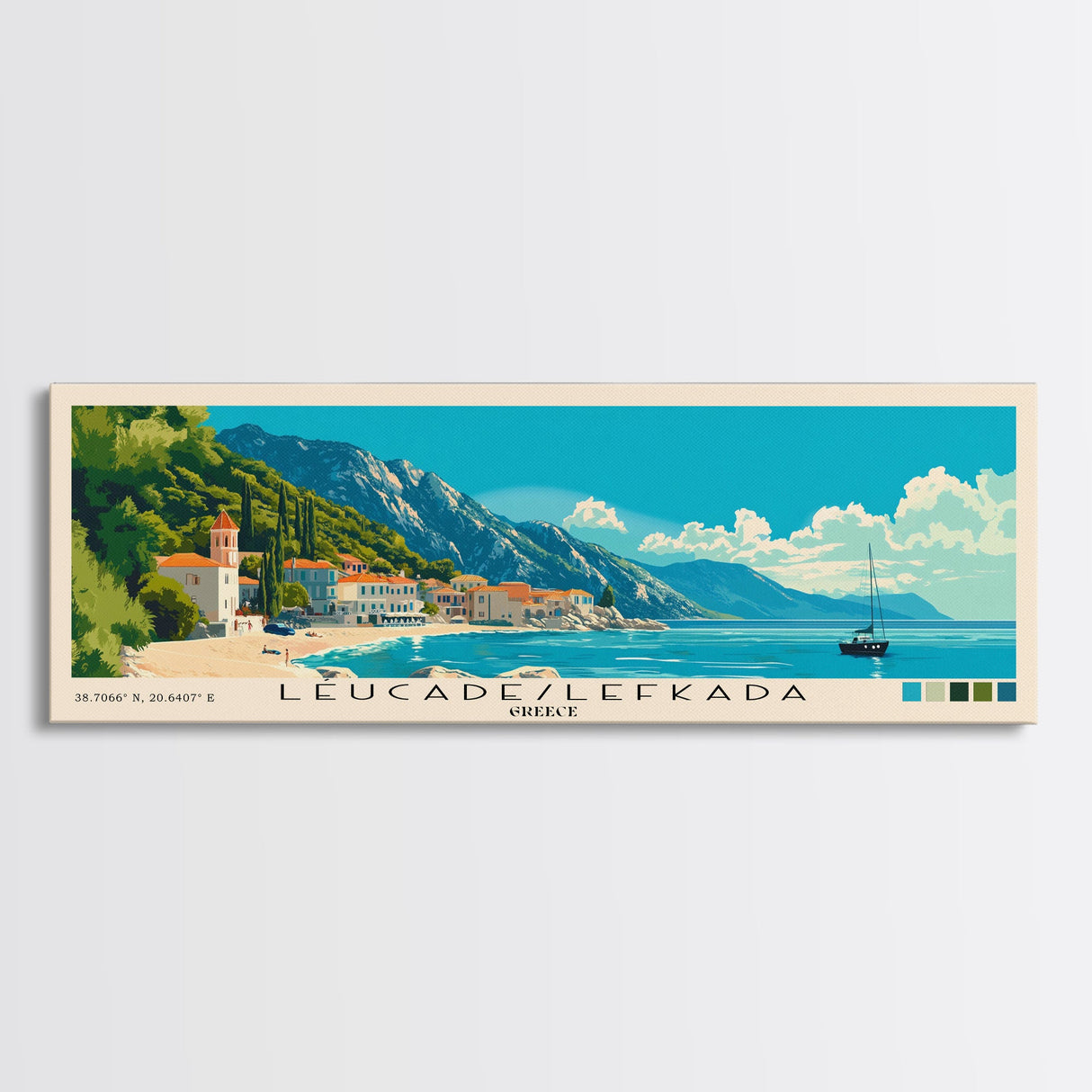 Léucade/Lefkada, Greece Panoramic Beach Print, Vacation Gift, Greece Wall Art, Framed Canvas Print, Framed Beach Painting