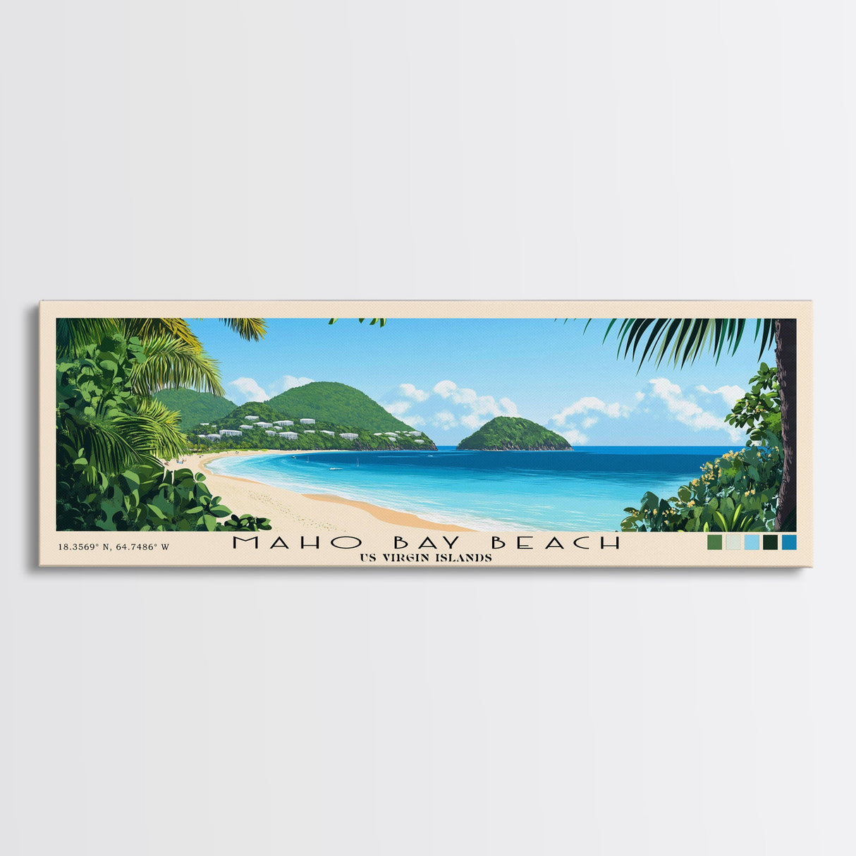 Maho Bay Beach, US Virgin islands Panoramic Beach Print, Vacation Gift, US Virgin islands Wall Art, Framed Canvas Print, Framed Beach Painting