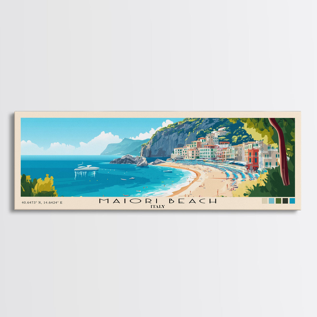 Maiori Beach, Italy Panoramic Print, Vacation Gift, Italy Wall Art, Beach Painting, Beach Decor, Beach Or Lakehouse Art