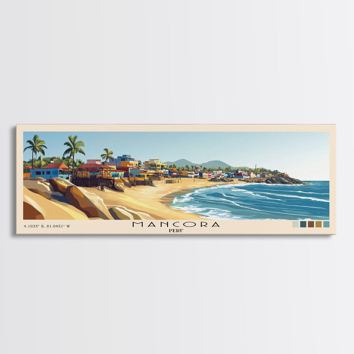 Mancora, Peru Panoramic Beach Print, Vacation Gift, Peru Wall Art, Framed Canvas Print, Framed Beach Painting