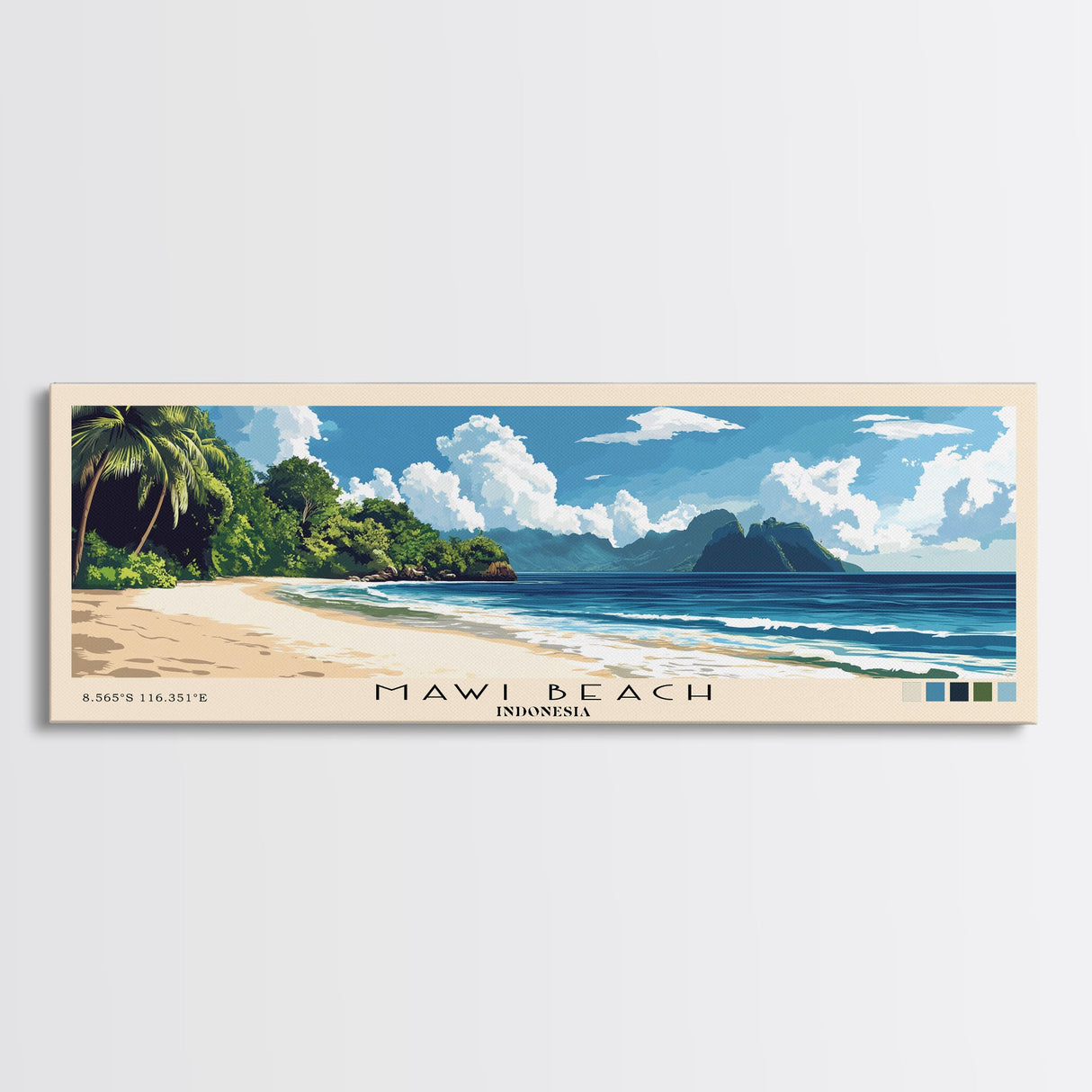 Mawi Beach, Indonesia Panoramic Beach Print, Vacation Gift, Indonesia Wall Art, Framed Canvas Print, Framed Beach Painting