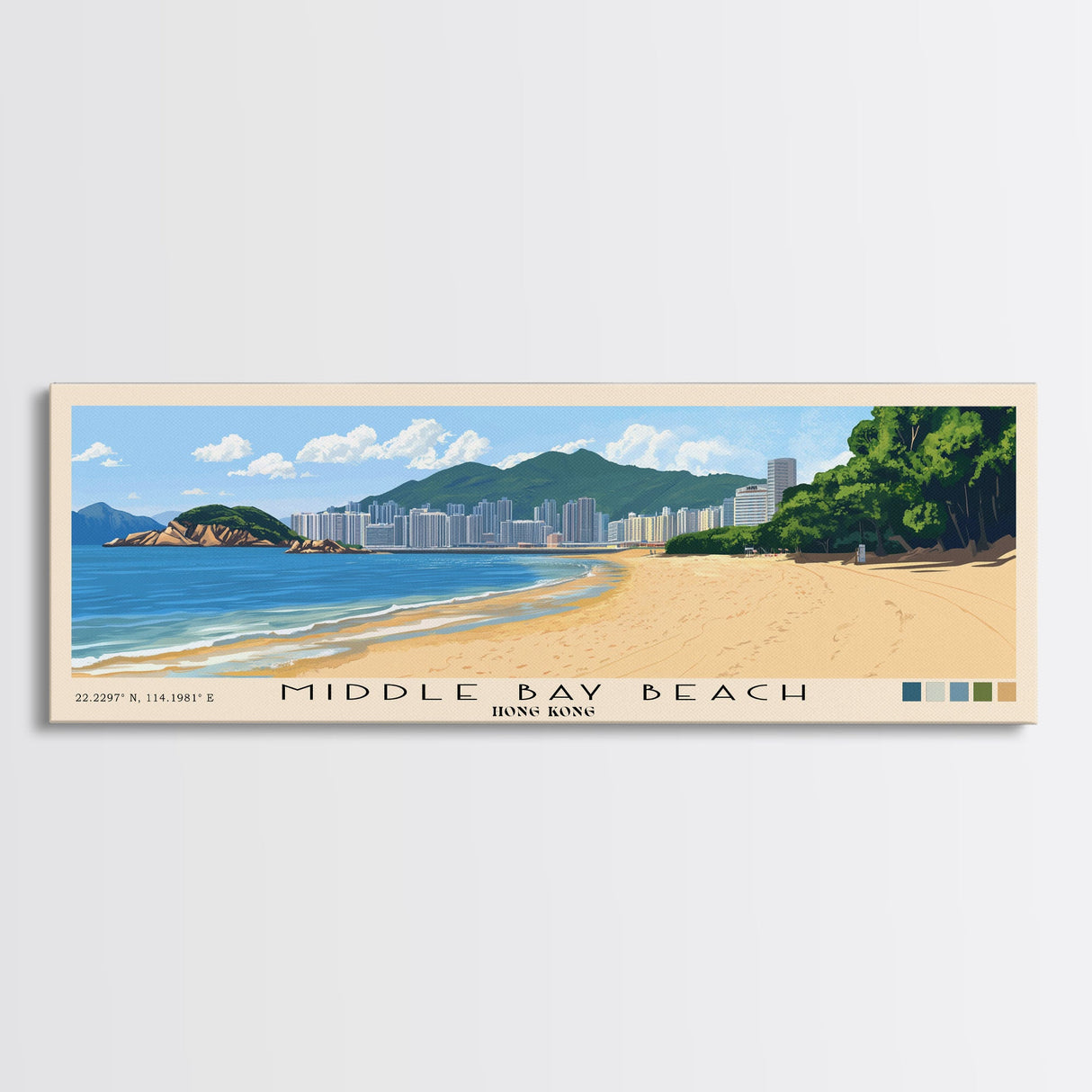 Middle Bay Beach, Hong Kong Panoramic Print, Vacation Gift, Hong Kong Wall Art, Beach Painting, Beach Decor, Beach Or Lakehouse Art