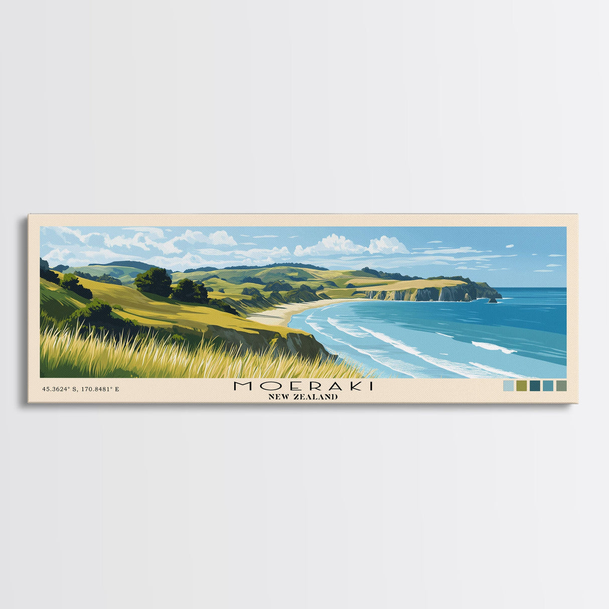 Moeraki, New Zealand Panoramic Beach Print, Vacation Gift, New Zealand Wall Art, Framed Canvas Print, Framed Beach Painting