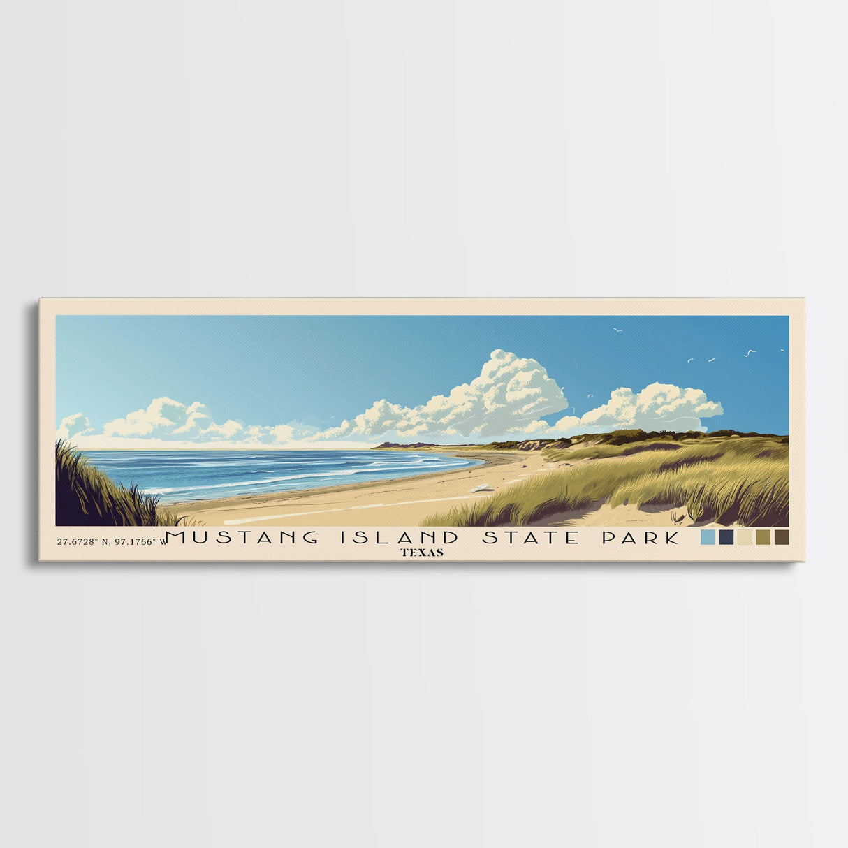 Mustang Island State Park, Texas Panoramic Print, Vacation Gift, Texas Wall Art, Beach Painting, Beach Decor, Large Wall Art, Wood Frame Art