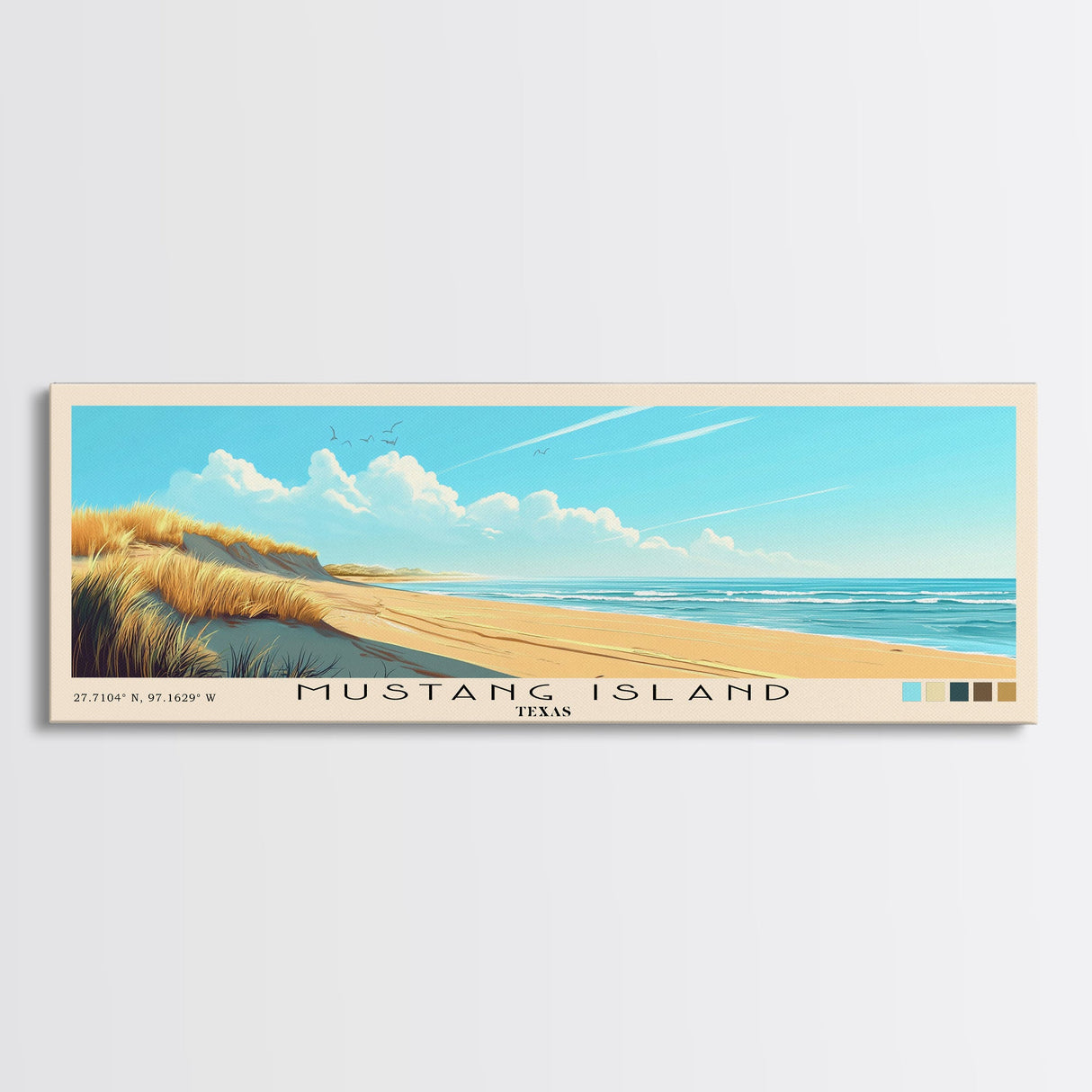 Mustang Island, Texas Panoramic Beach Print, Vacation Gift, Texas Wall Art, Beach Painting, Beach Decor, Beach Painting