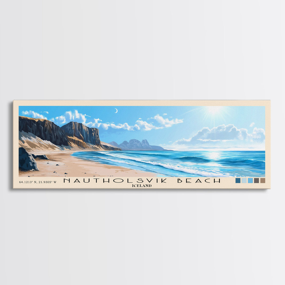 Nautholsvik Beach, Iceland Panoramic Print, Vacation Gift, Iceland Wall Art, Beach Painting, Beach Decor, Large Wall Art, Wood Frame Art