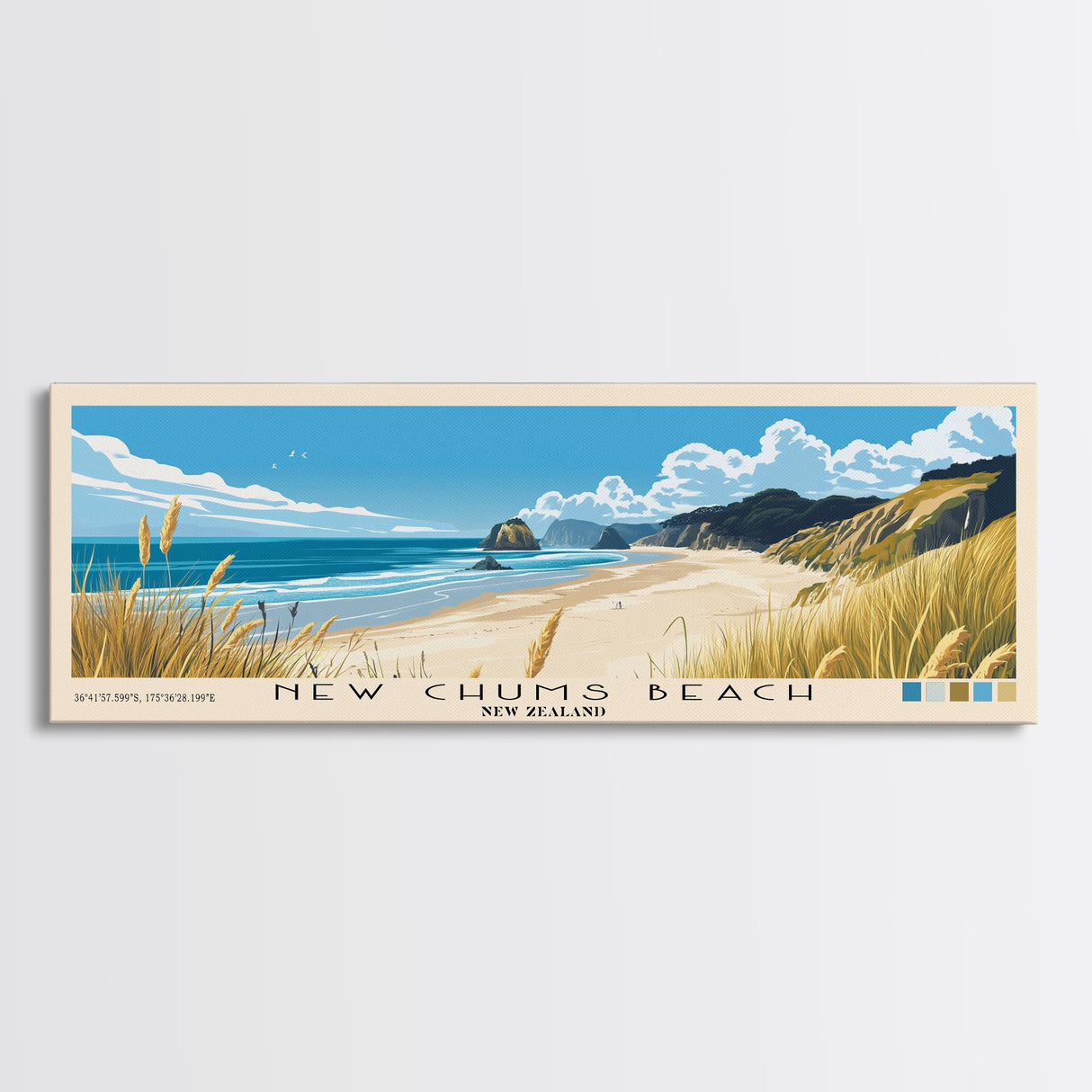 New Chums Beach, New Zealand Panoramic Print, Vacation Gift, New Zealand Wall Art, Beach Painting, Beach Decor, Beach Or Lakehouse Art