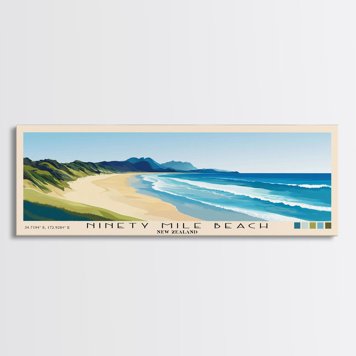 Ninety Mile Beach, New Zealand Panoramic Print, Vacation Gift, New Zealand Wall Art, Beach Painting, Beach Decor, Beach Or Lakehouse Art