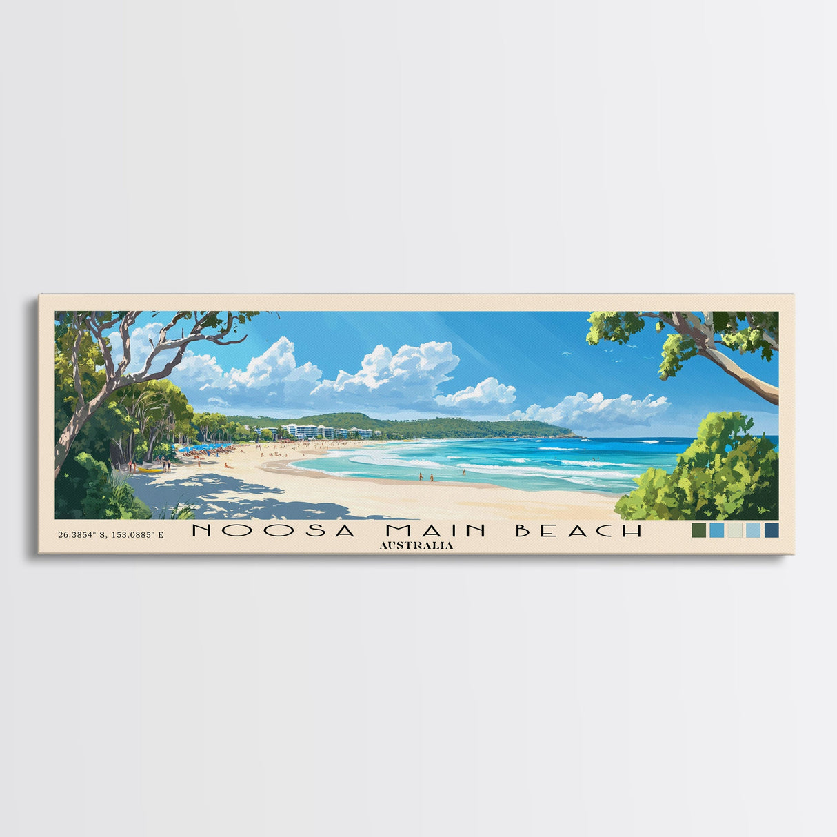 Noosa Main Beach, Australia Panoramic Print, Vacation Gift, Australia Wall Art, Beach Painting, Beach Decor, Large Wall Art, Wood Frame Art