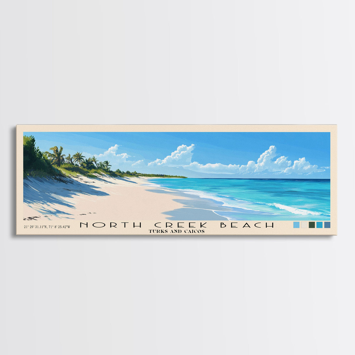 North Creek Beach, Turks and Caicos Panoramic Beach Print, Vacation Gift, Turks and Caicos Wall Art, Framed Canvas Print, Framed Beach Painting