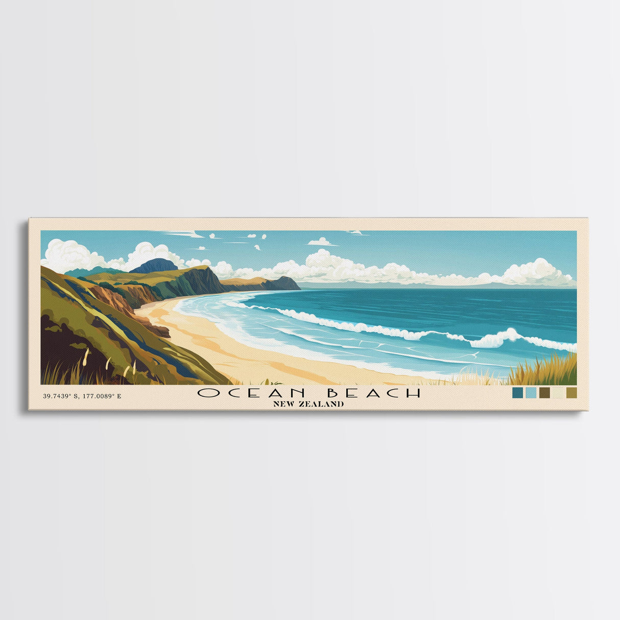 Ocean Beach, New Zealand Panoramic Print, Vacation Gift, New Zealand Wall Art, Beach Painting, Beach Decor, Beach Or Lakehouse Art