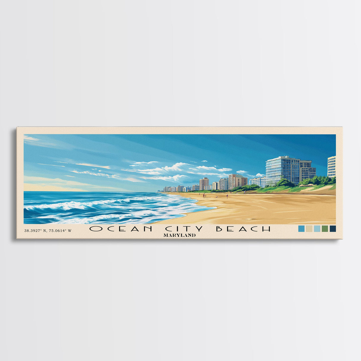 Ocean City Beach, Maryland Panoramic Beach Print, Vacation Gift, Maryland Wall Art, Beach Painting, Beach Decor, Beach Painting