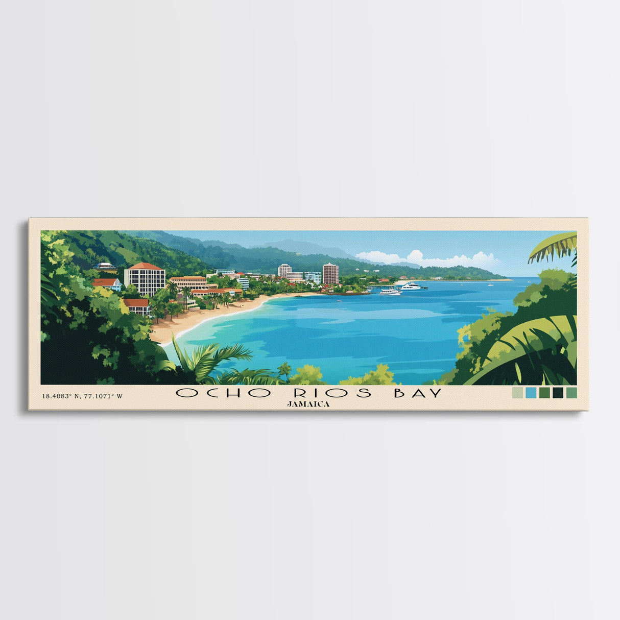 Ocho Rios Bay, Jamaica Panoramic Print, Vacation Gift, Jamaica Wall Art, Beach Painting, Beach Decor, Large Wall Art, Wood Frame Art