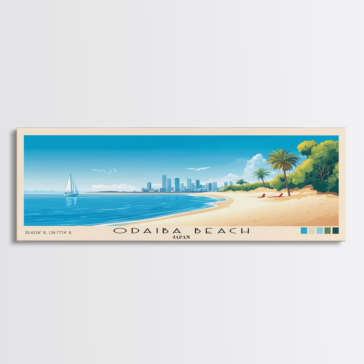 Odaiba Beach, Japan Panoramic Beach Print, Vacation Gift, Japan Wall Art, Framed Canvas Print, Framed Beach Painting