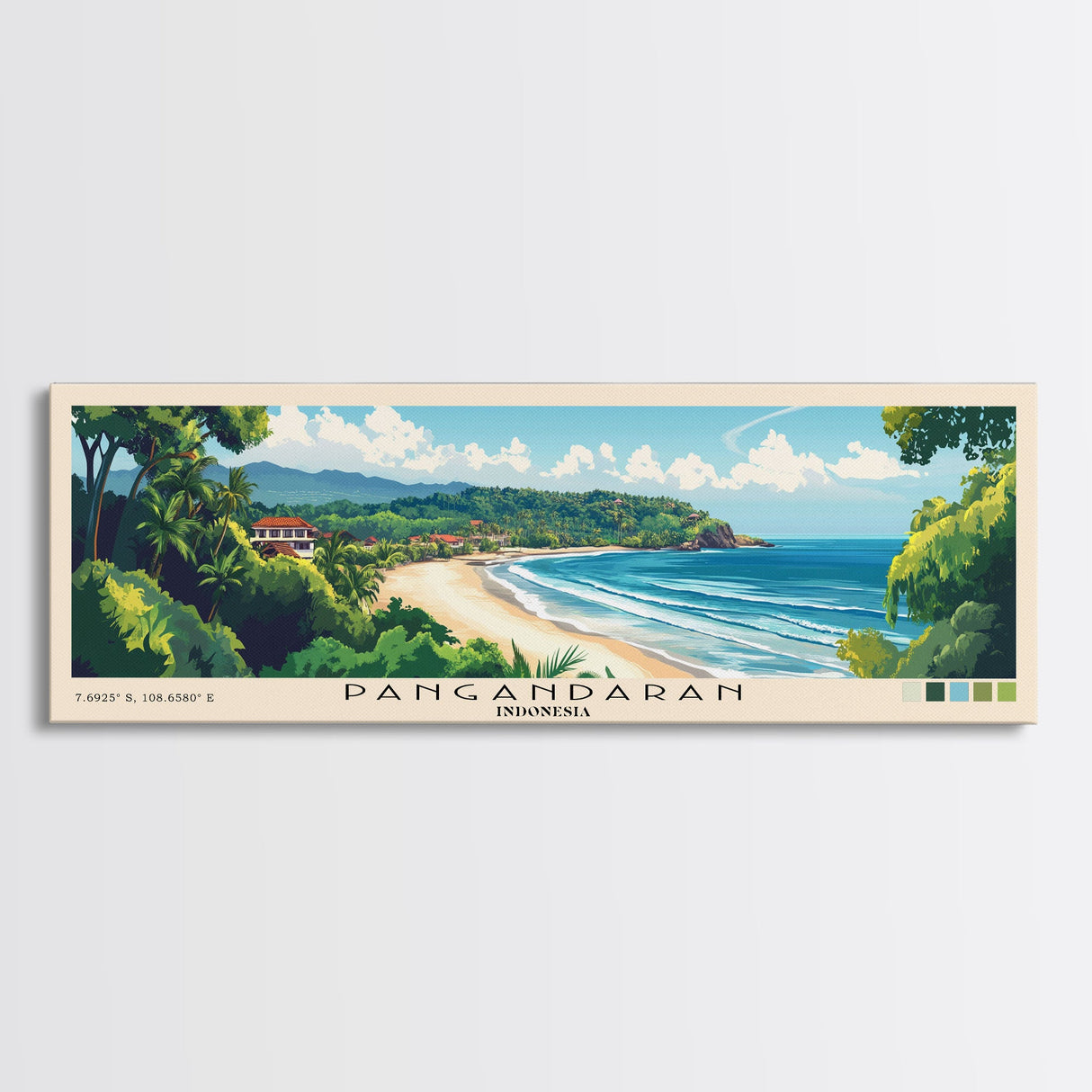 Pangandaran, Indonesia Panoramic Beach Print, Vacation Gift, Indonesia Wall Art, Framed Canvas Print, Framed Beach Painting