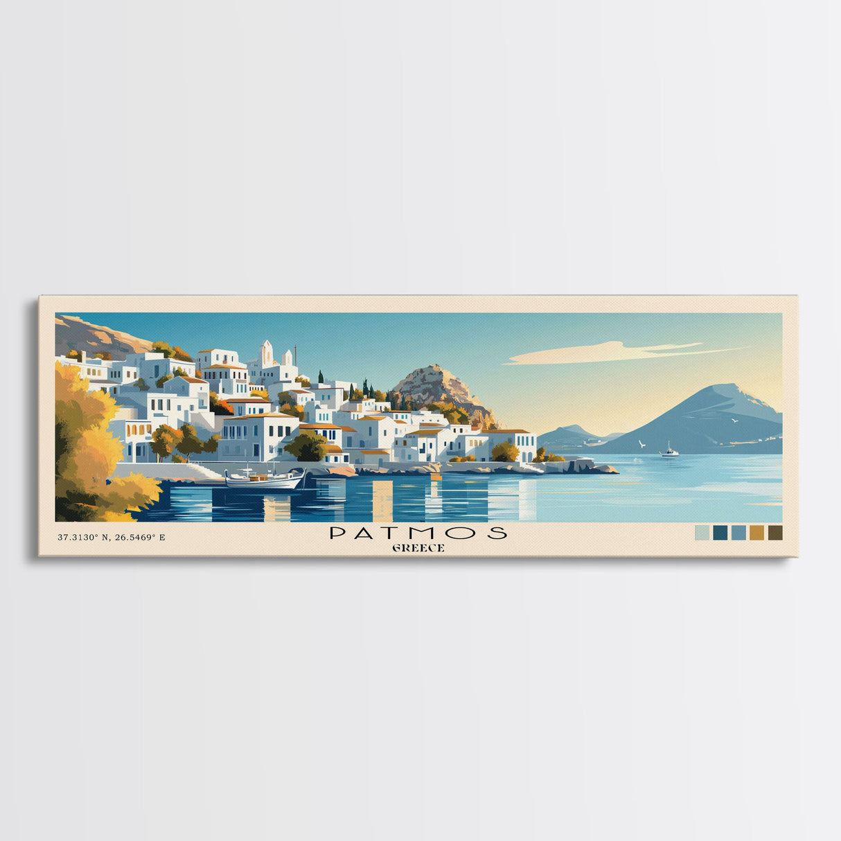 Patmos, Greece Panoramic Beach Print, Vacation Gift, Greece Wall Art, Beach Painting, Beach Decor, Beach Painting