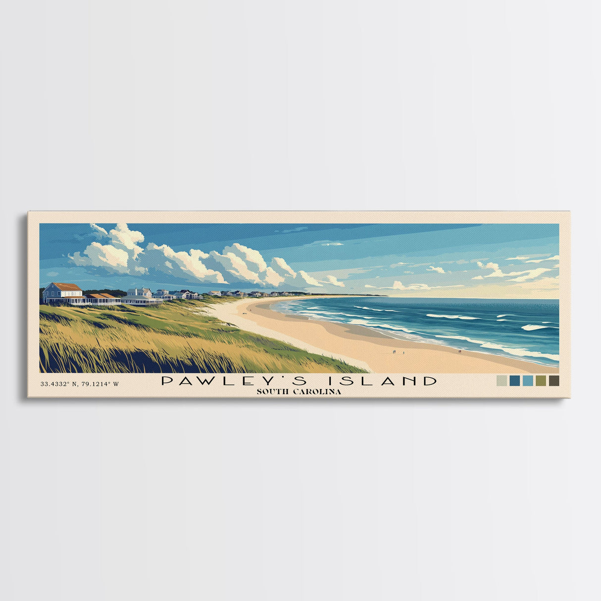 Pawley's Island, South Carolina Panoramic Beach Print, Vacation Gift, South Carolina Wall Art, Framed Canvas Print, Framed Beach Painting