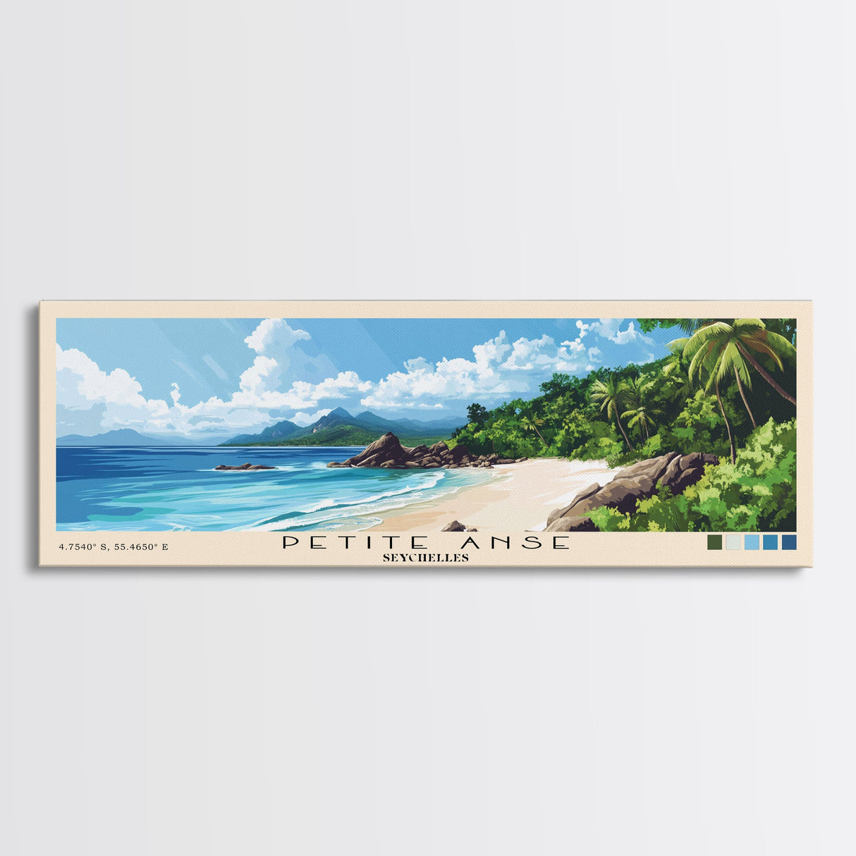 Petite Anse, Seychelles Panoramic Print, Vacation Gift, Seychelles Wall Art, Beach Painting, Beach Decor, Large Wall Art, Wood Frame Art